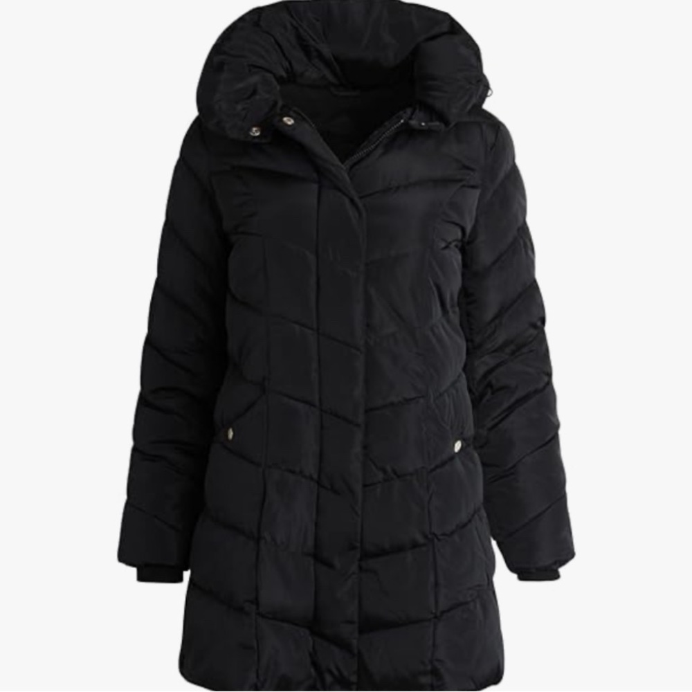 Steve Madden Black Long Quilted Puffer Jacket with Hood